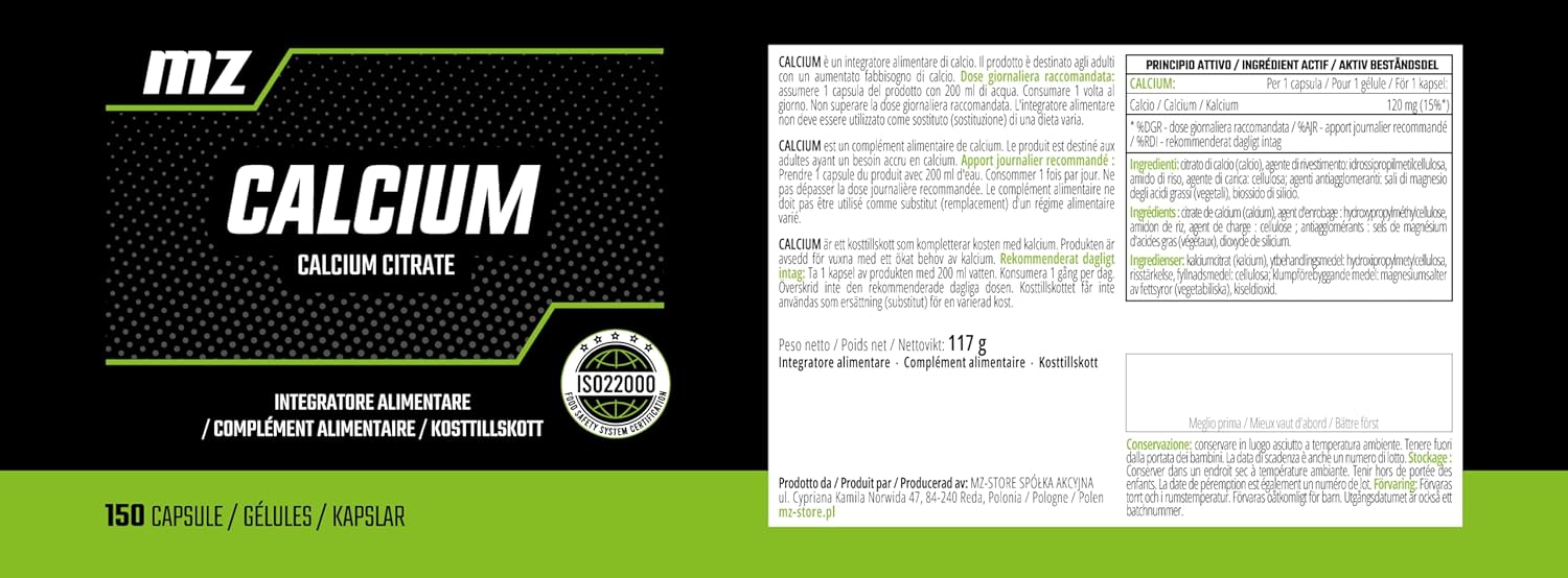 MZ Calcium Citrate Capsules - 120mg - 150 Vegan Capsules - 5 Month Supply - Bone & Teeth Support - Dietary Supplement