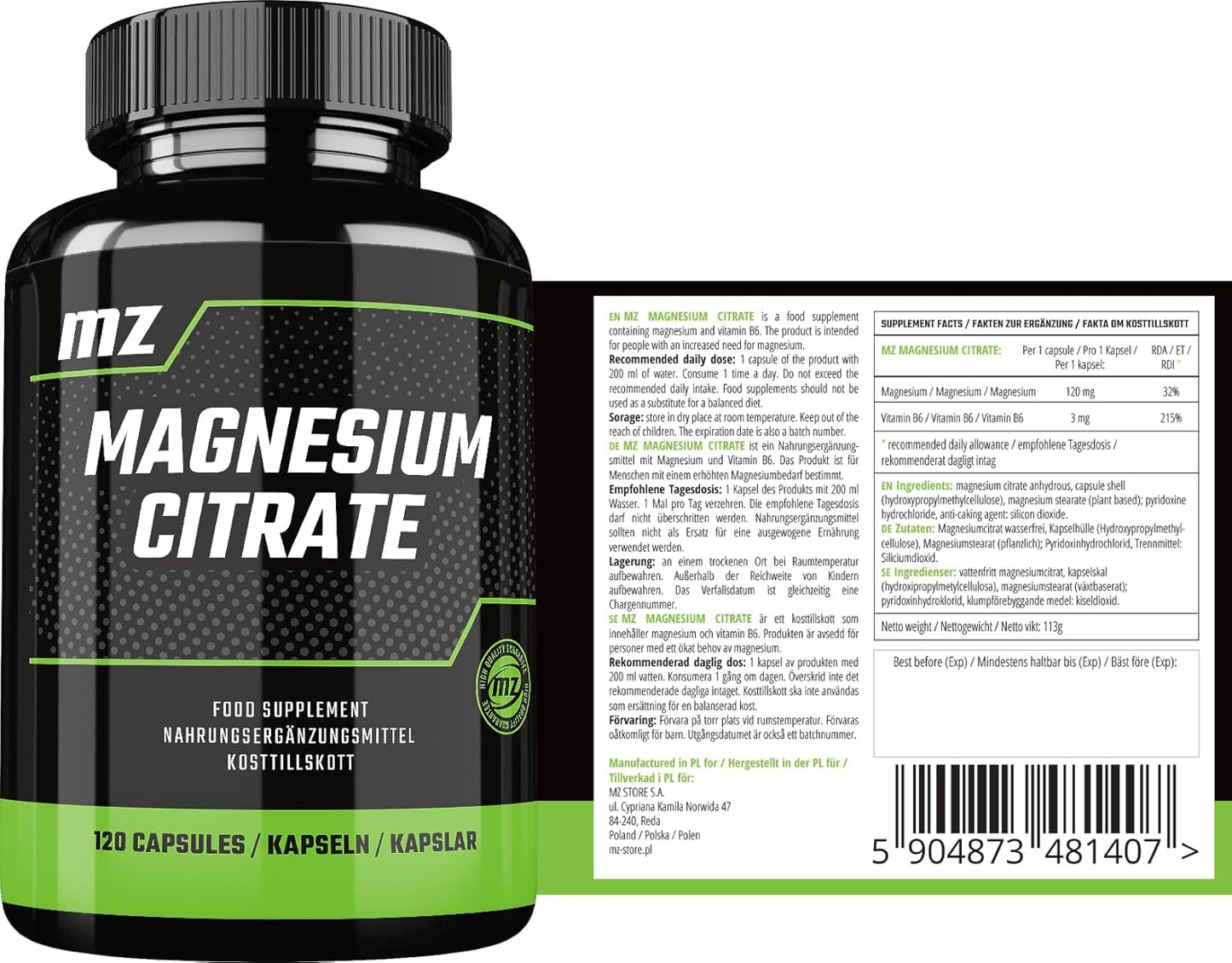 MZ Magnesium Citrate with Vitamin B6 Capsules - 120mg + 3mg P-5-P - 120 Vegan Capsules - Organic Magnesium for Bone Strength and Nervous System Support - 4 Months Supply