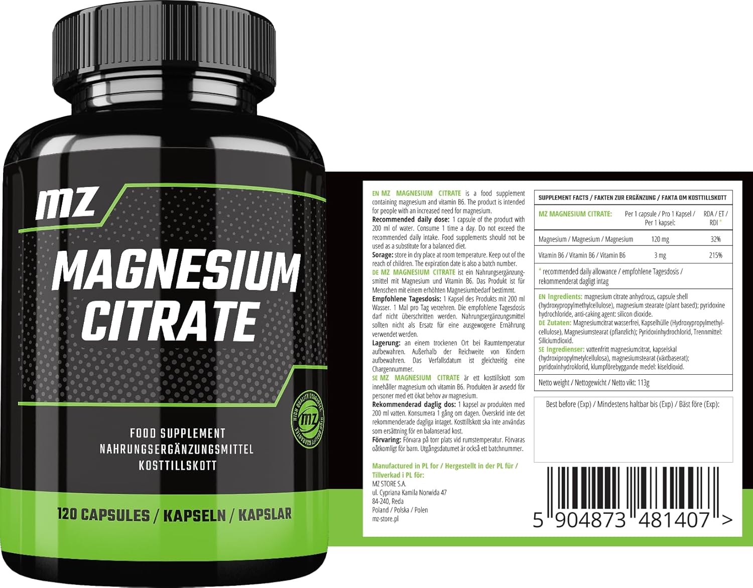 MZ Magnesium Citrate with Vitamin B6 Capsules - 120mg + 3mg P-5-P - 120 Vegan Capsules - Organic Magnesium for Bone Strength and Nervous System Support - 4 Months Supply