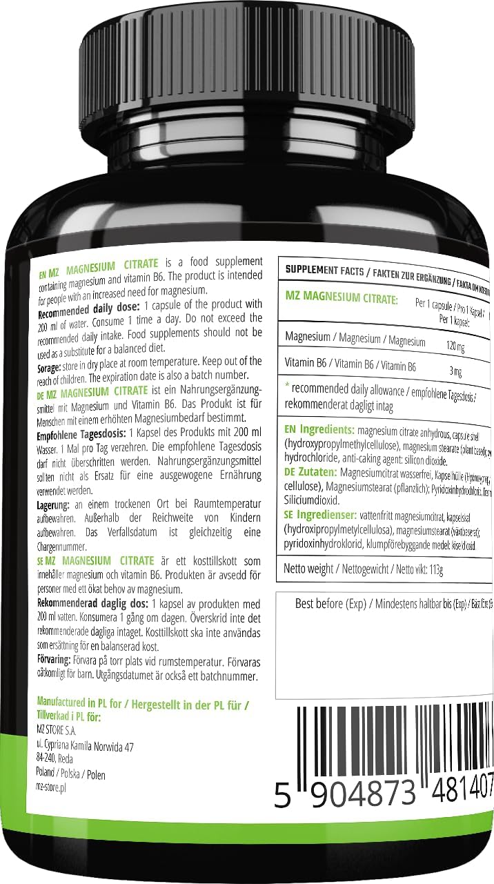MZ Magnesium Citrate with Vitamin B6 Capsules - 120mg + 3mg P-5-P - 120 Vegan Capsules - Organic Magnesium for Bone Strength and Nervous System Support - 4 Months Supply