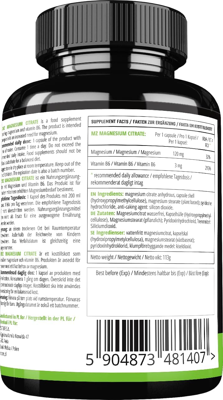 MZ Magnesium Citrate with Vitamin B6 Capsules - 120mg + 3mg P-5-P - 120 Vegan Capsules - Organic Magnesium for Bone Strength and Nervous System Support - 4 Months Supply