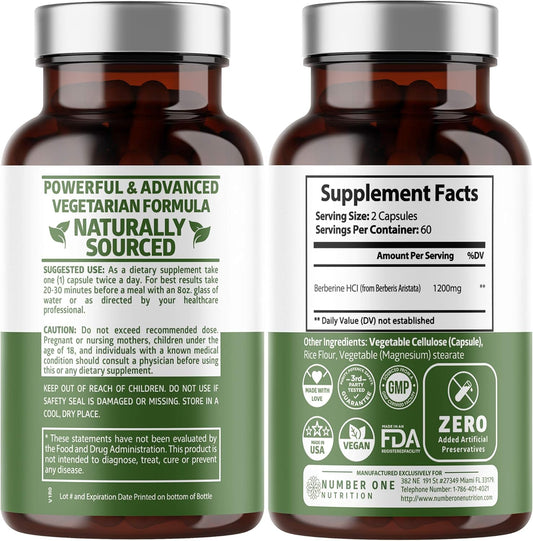N1N Premium Berberine Plus Supplement 120 Capsules - 1200mg, Non-GMO, US Made - Supports Anti-Aging, Cellular Health, Energy, Digestion