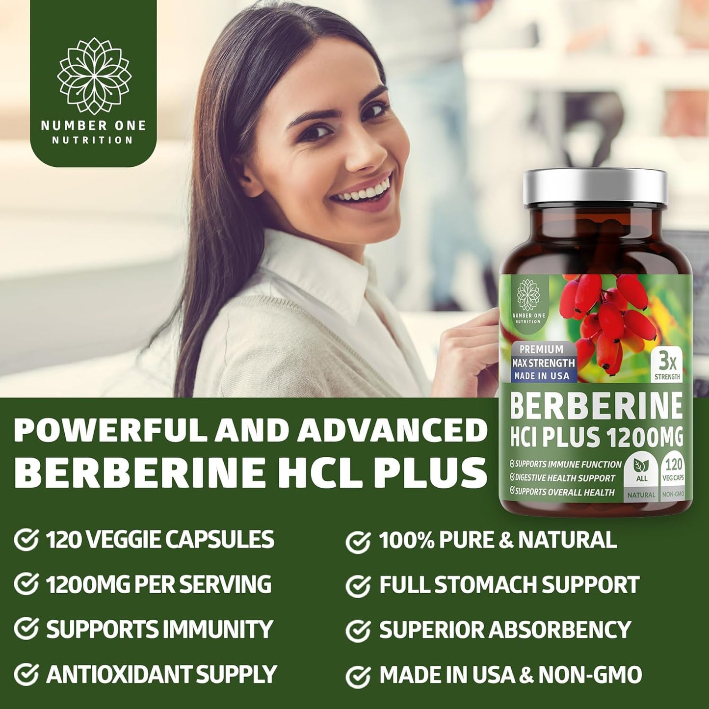 N1N Premium Berberine Plus Supplement 120 Capsules - 1200mg, Non-GMO, US Made - Supports Anti-Aging, Cellular Health, Energy, Digestion