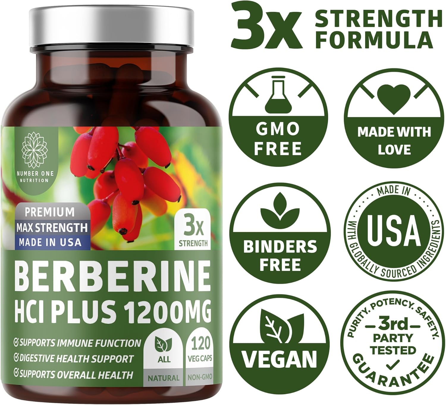 N1N Premium Berberine Plus Supplement 120 Capsules - 1200mg, Non-GMO, US Made - Supports Anti-Aging, Cellular Health, Energy, Digestion