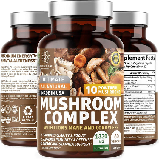 N1N Premium Mushroom Complex - 10X Powerful Mushrooms for Health, Brain Function, and Energy - 60 Veg Caps