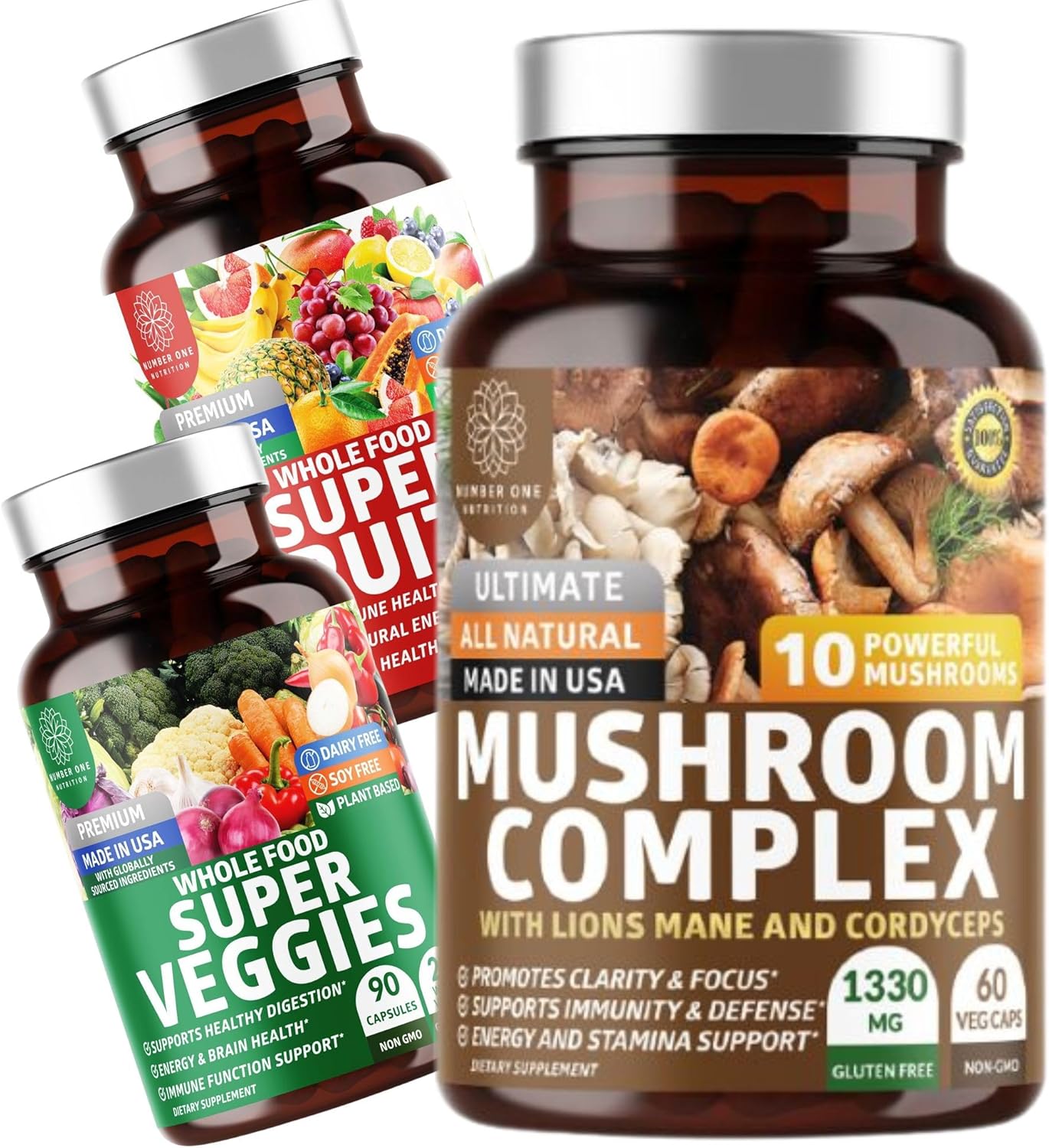N1N Premium Mushroom Complex & Super Fruits/Veggies Bundle - 10 Mushrooms, 40 Fruits/Veggies - 2 Pack