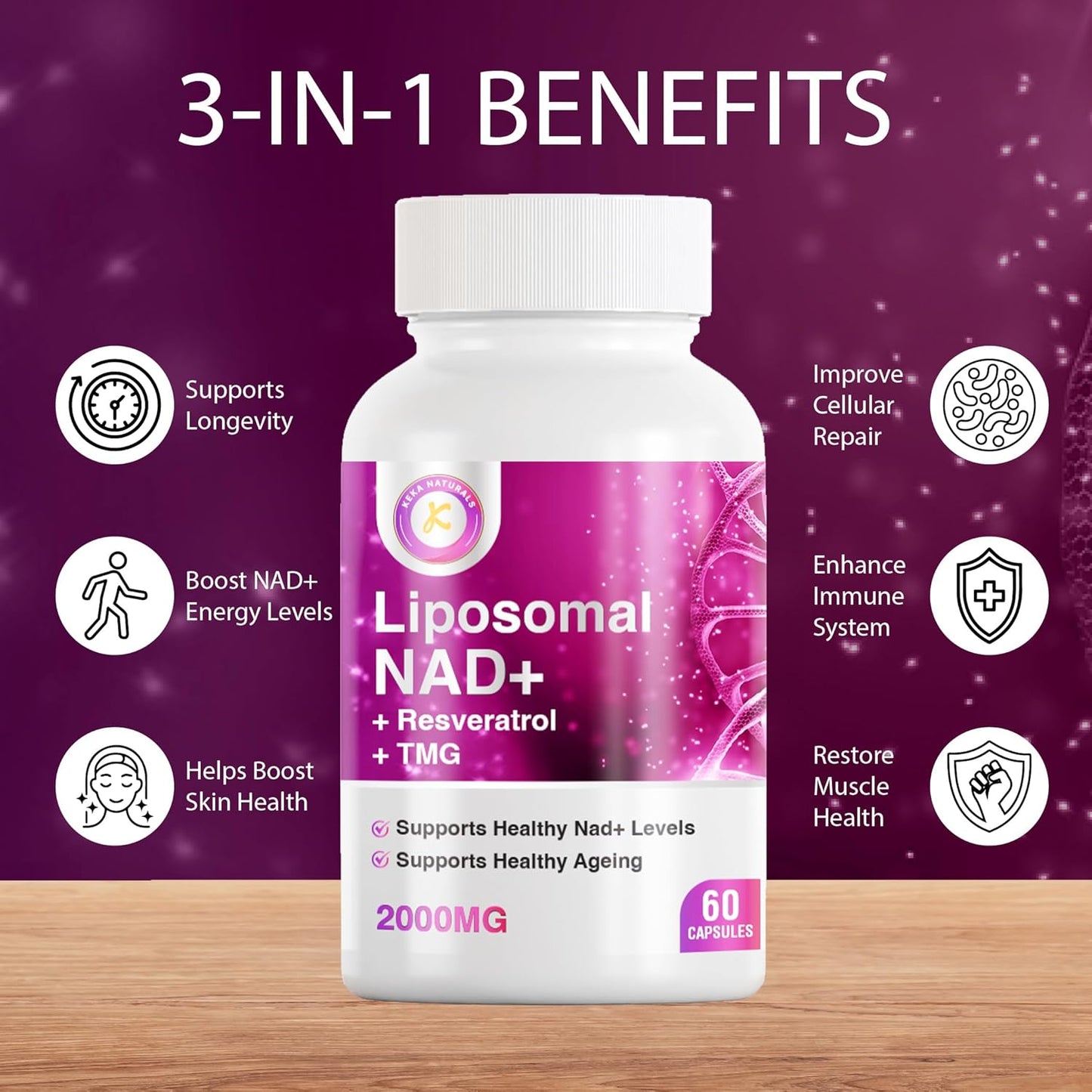 NAD Resveratrol TMG Supplement 2000mg | Boost NAD+ Levels for Immune & Energy Support | Advanced 3-in-1 Formula for Overall Health | 60 Capsules