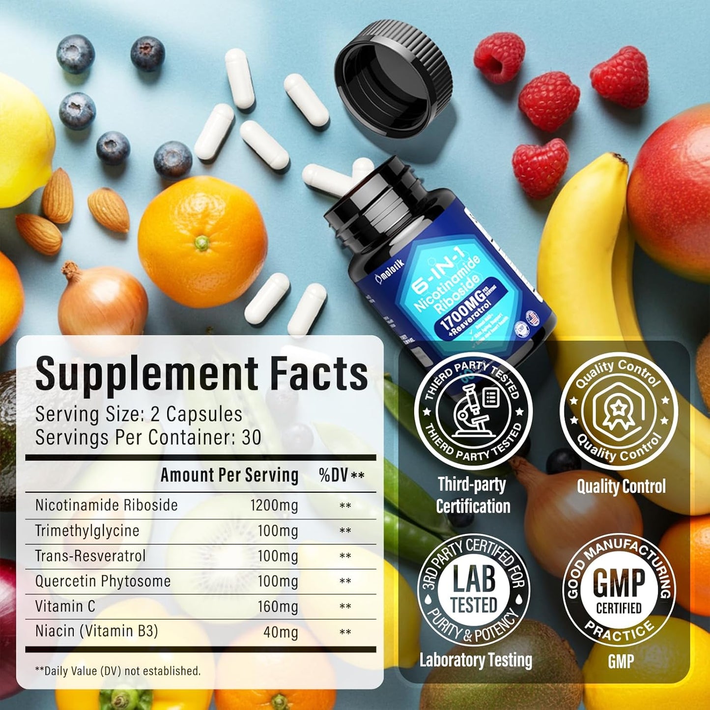 NAD+ Supplement with Nicotinamide Riboside 1700mg, Trimethylglycine, Resveratrol, Vitamin C, Niacin (B3) for Anti-Aging and Healthy Skin - BoostGo Australia
