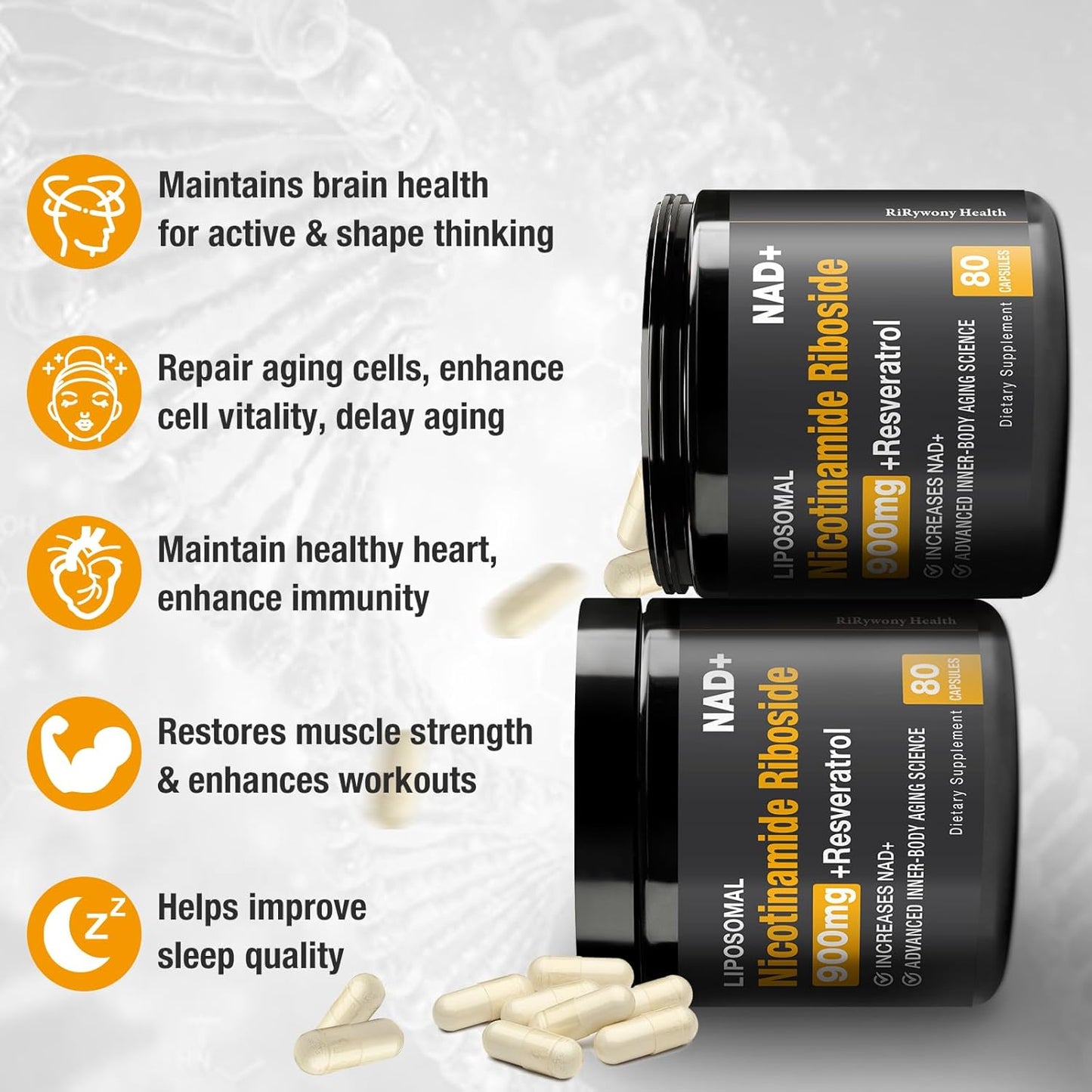 NAD+ Supplement with Nicotinamide Riboside and Resveratrol Quercetin - 900mg, 80 Capsules from RiRywony Health