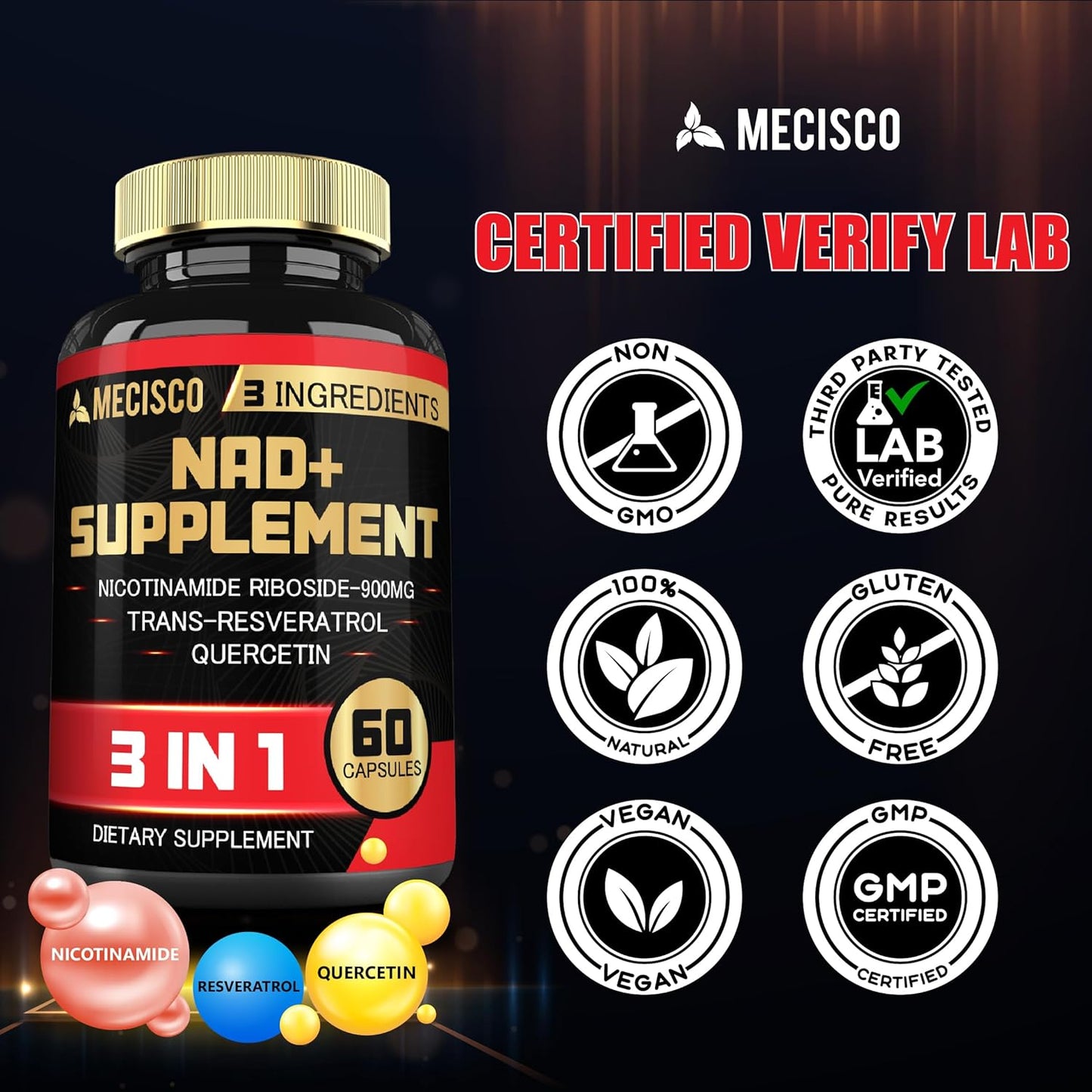 NAD+ Supplement with Nicotinamide Riboside, Trans Resveratrol & Quercetin - 1200mg - Cellular Activity, Immune Support, Aging Health - 60 Capsules