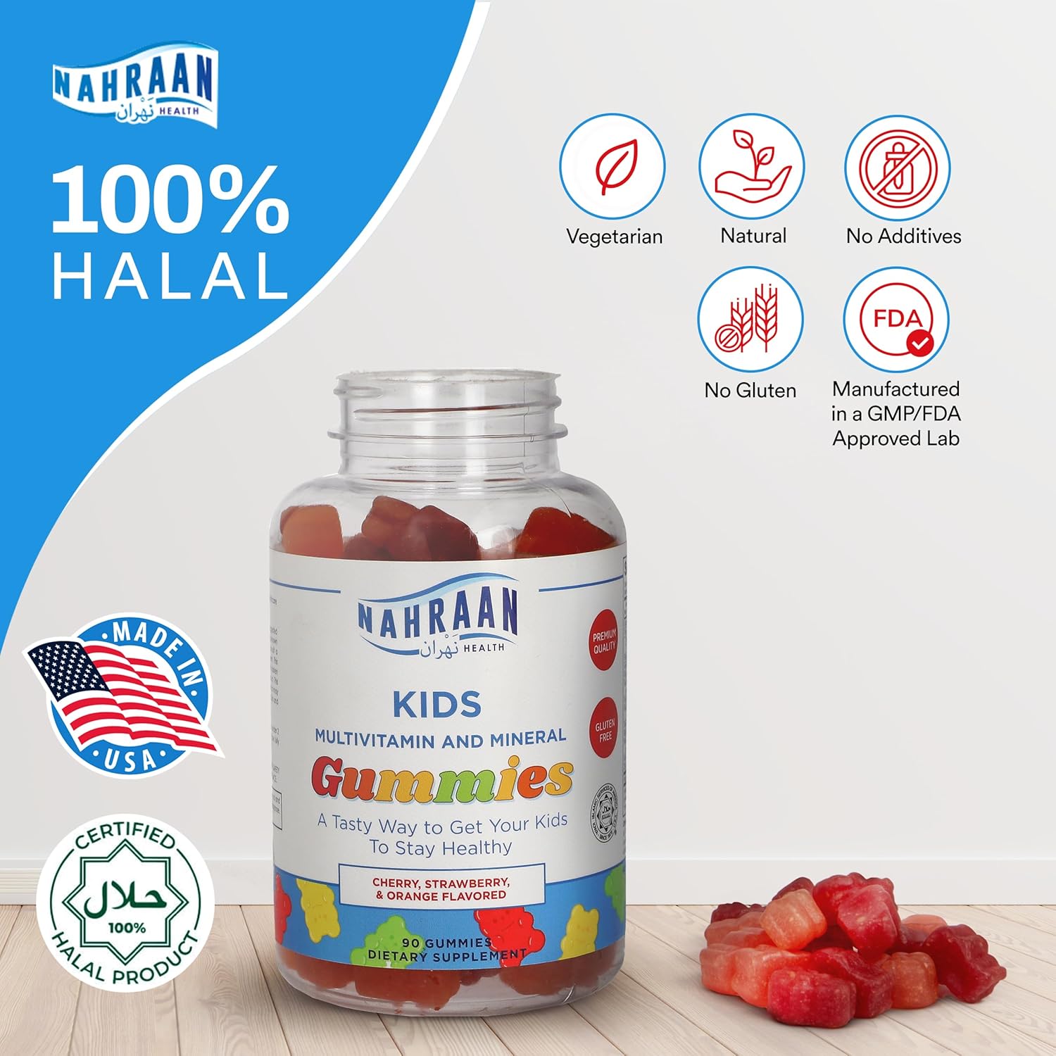 NAHRAAN HEALTH Halal Multivitamin Gummies for Kids - Non-GMO Vegetarian Formula with Vitamin A, C, D, E, B6, B12 - 90 Count