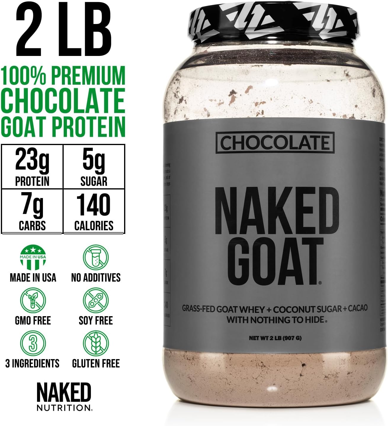 Naked Goat Chocolate Protein Powder - Small-Herd Pasture Fed Whey Protein - 3 Ingredients - 23g Protein - 25 Servings