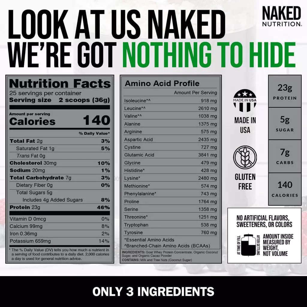 Naked Goat Chocolate Protein Powder - Small-Herd Pasture Fed Whey Protein - 3 Ingredients - 23g Protein - 25 Servings