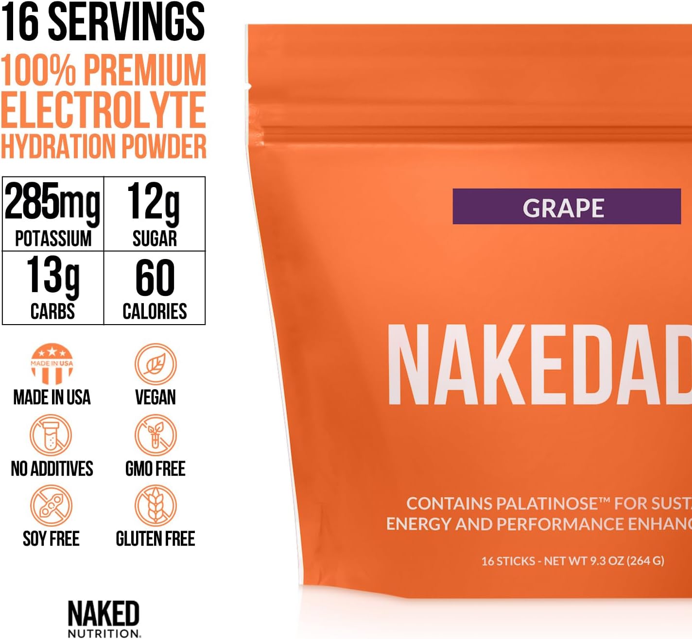Naked Nutrition Nakedade Grape Electrolyte Powder - Performance-Enhancing Sports Drink Sticks - Non-GMO, Gluten-Free