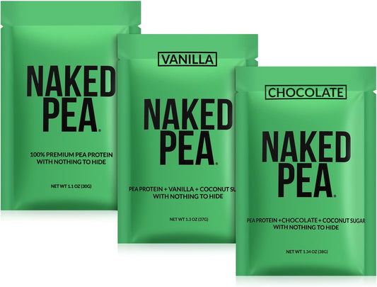 Naked Nutrition Vegan Pea Protein Sample Pack - Chocolate, Vanilla, & Plain Flavor Options