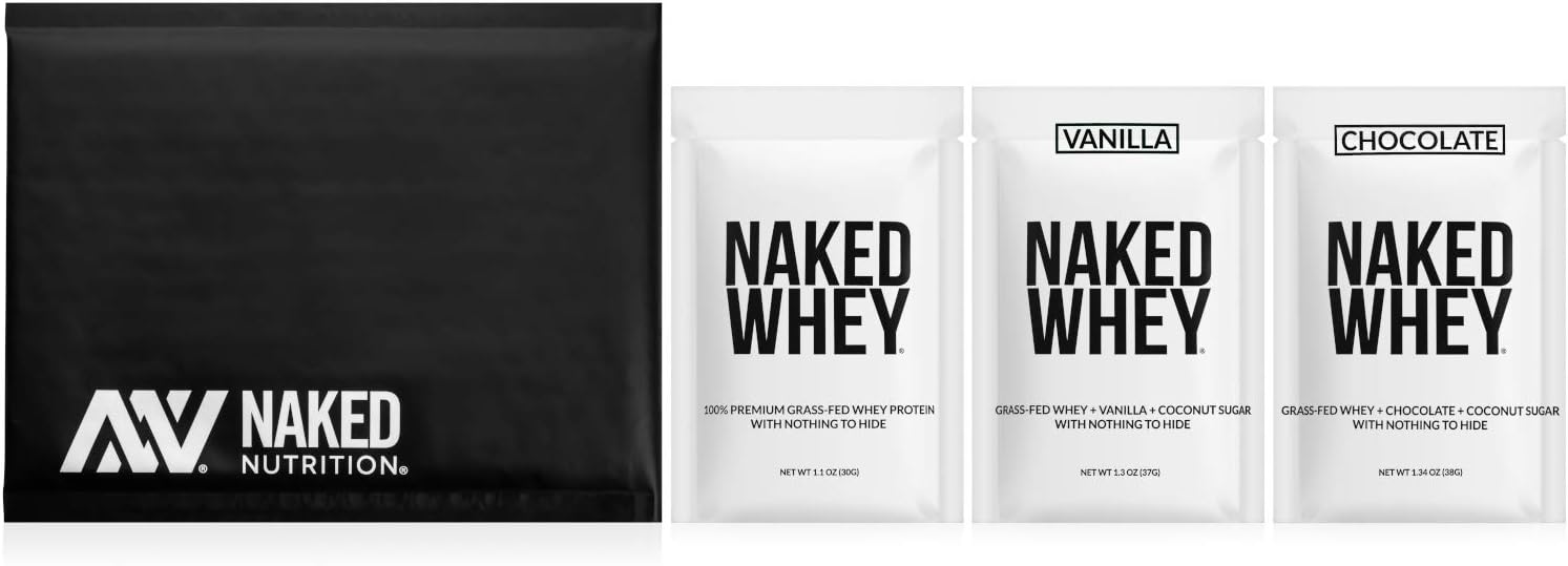 Naked Nutrition Whey Protein Sample Pack - Unflavored, Chocolate, Vanilla - 3 Pack