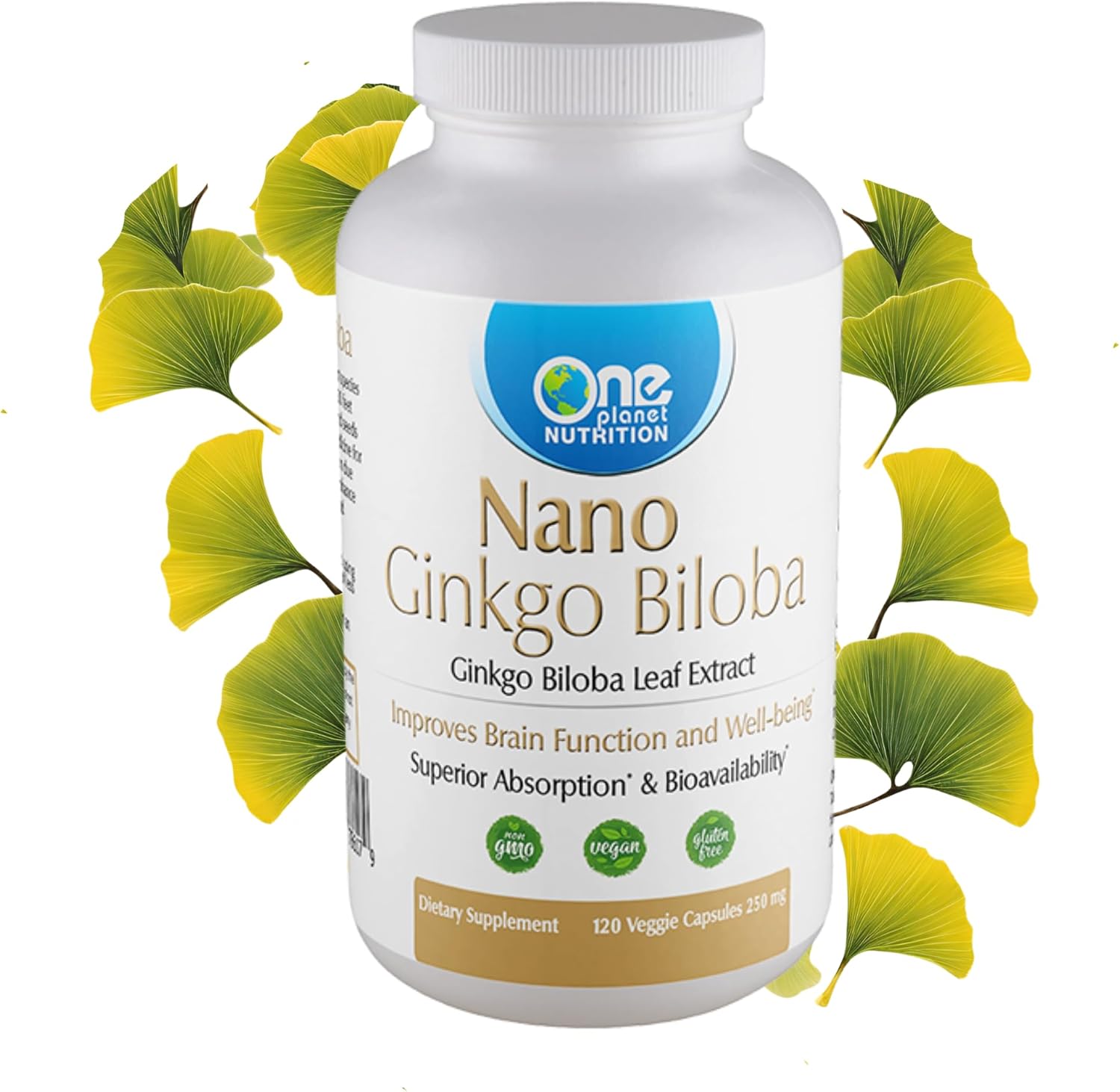 Nano Ginkgo biloba 250mg Veggie Capsules - 120 Servings, Cognitive & Circulation Support, High Absorption Ginkgo biloba Extract, Non-GMO, Vegan, Gluten Free