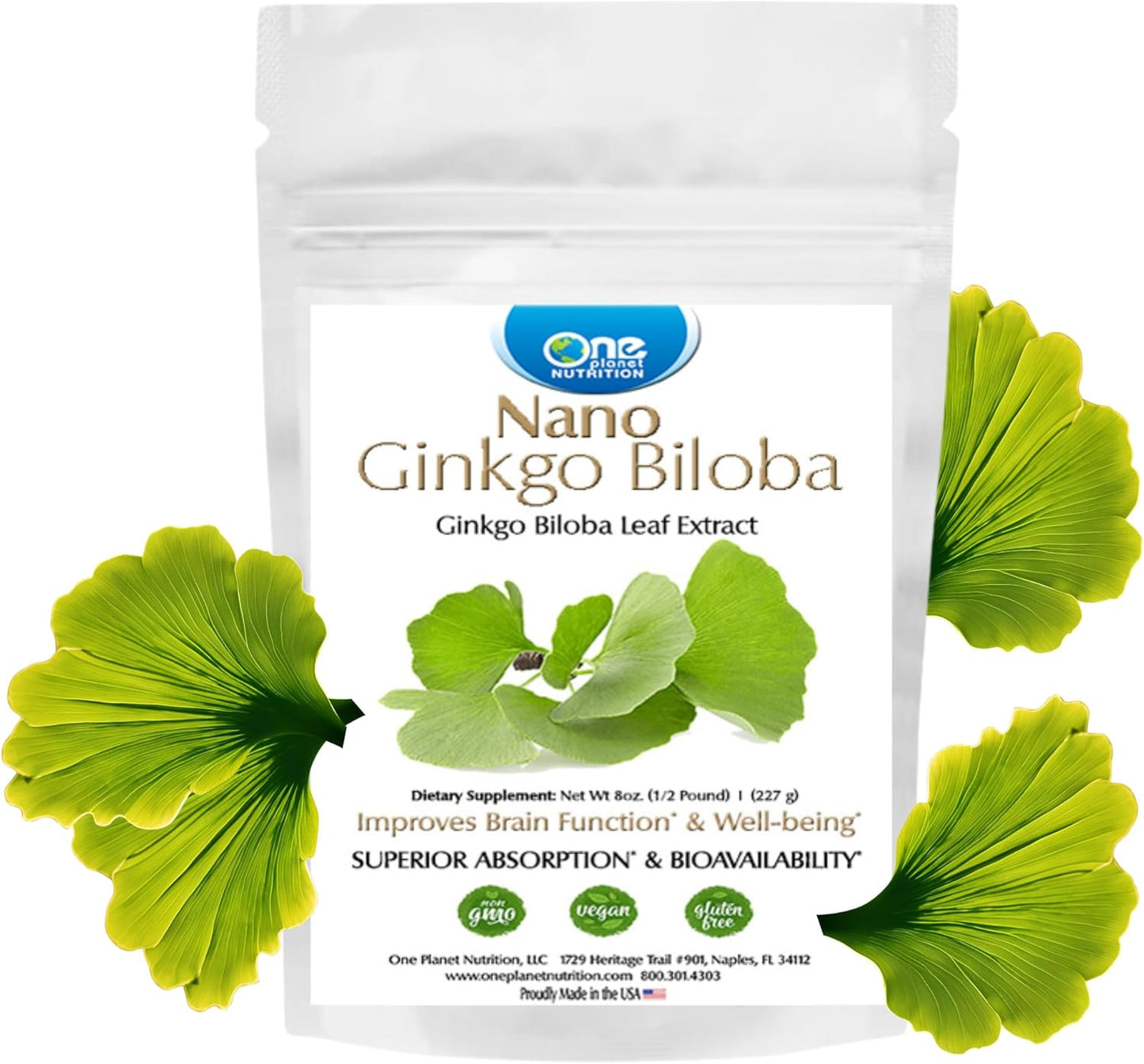 Nano Ginkgo Biloba Powder 8 oz - 227 Servings, Cognitive Function & Circulation Support, Enhanced Absorption, Non-GMO & Vegan
