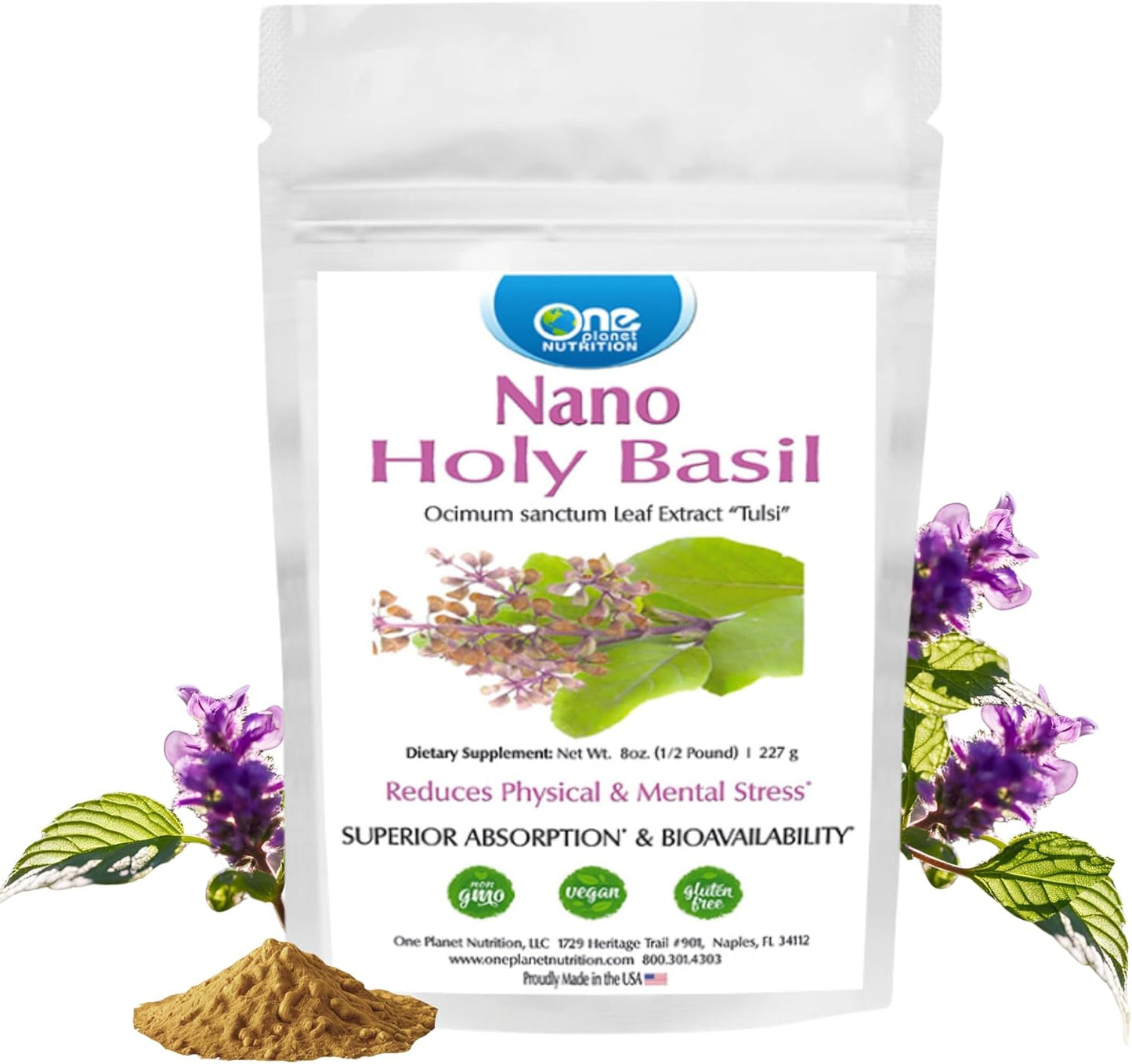 Nano Holy Basil Powder 8 oz - Supports Stress Relief & Immune Support with Enhanced Absorption - Non-GMO, Vegan, Gluten Free - One Planet Nutrition