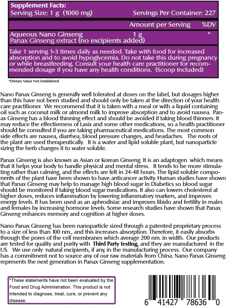 Nano Panax Ginseng Powder - Korean Extract for Energy & Stamina - 8 oz (227 Servings) - Non-GMO, Vegan, Gluten Free - Enhanced Absorption Formula