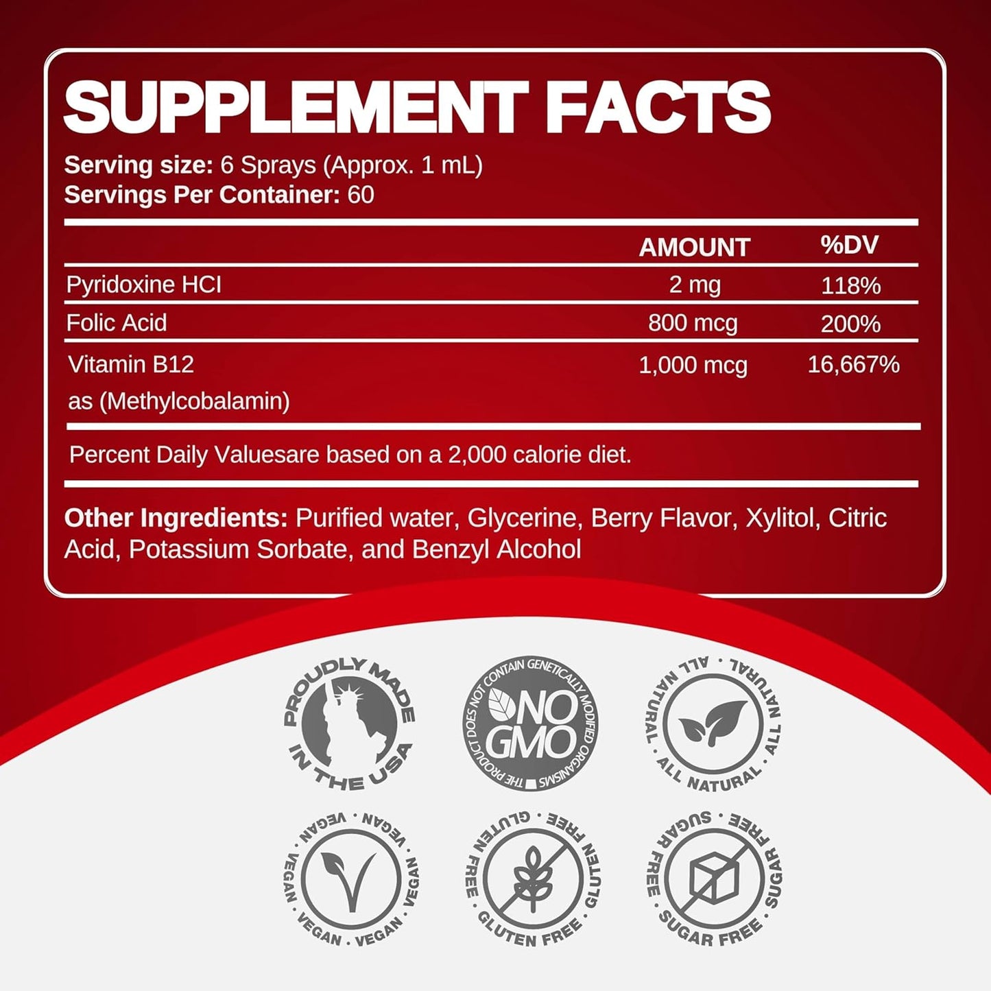 Nano Technology Methylcobalamin Vitamin B12 Energy Spray with Folic Acid for Focus & Metabolism - 2 oz (60 Servings)