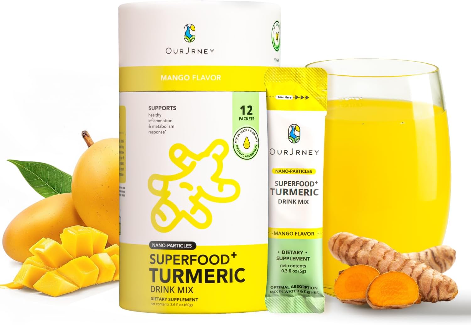 Nano Turmeric Curcumin Powder Drink Mix Packets with Natural Mango Flavor - 35X Stronger Supplement for Joint Relief and Immune Boost - Equals 250+ Pills
