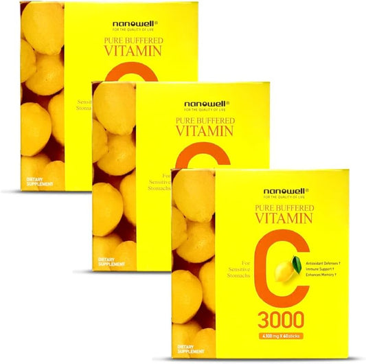 NANOWELL Buffered Vitamin C 3000mg Immune Support Supplement - 180 Sticks (6 Months Supply)