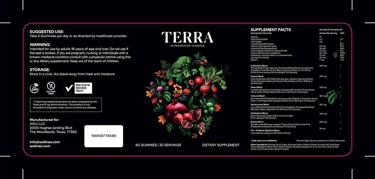 NAO Terra SuperGreen Gummies - Plant-Based Antioxidants & Greens for Immunity, Energy & Wellness. Daily Support in 2 Tasty Gummies