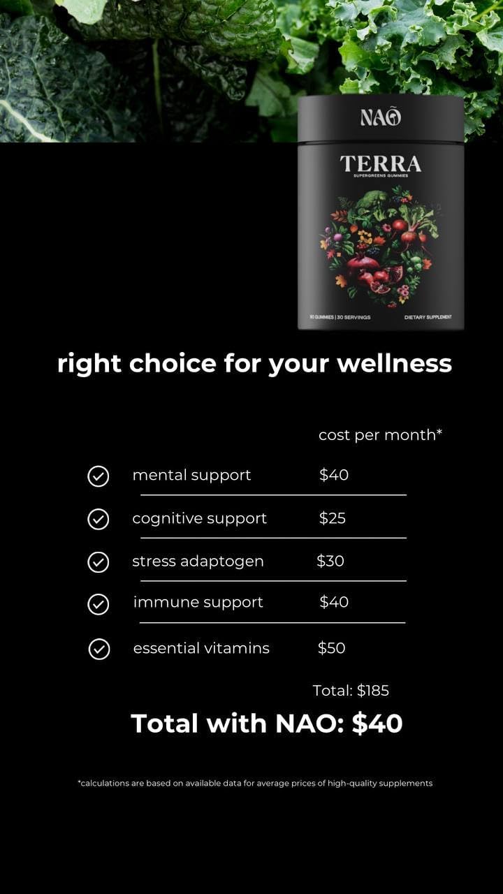 NAO Terra SuperGreen Gummies - Plant-Based Antioxidants & Greens for Immunity, Energy & Wellness. Daily Support in 2 Tasty Gummies