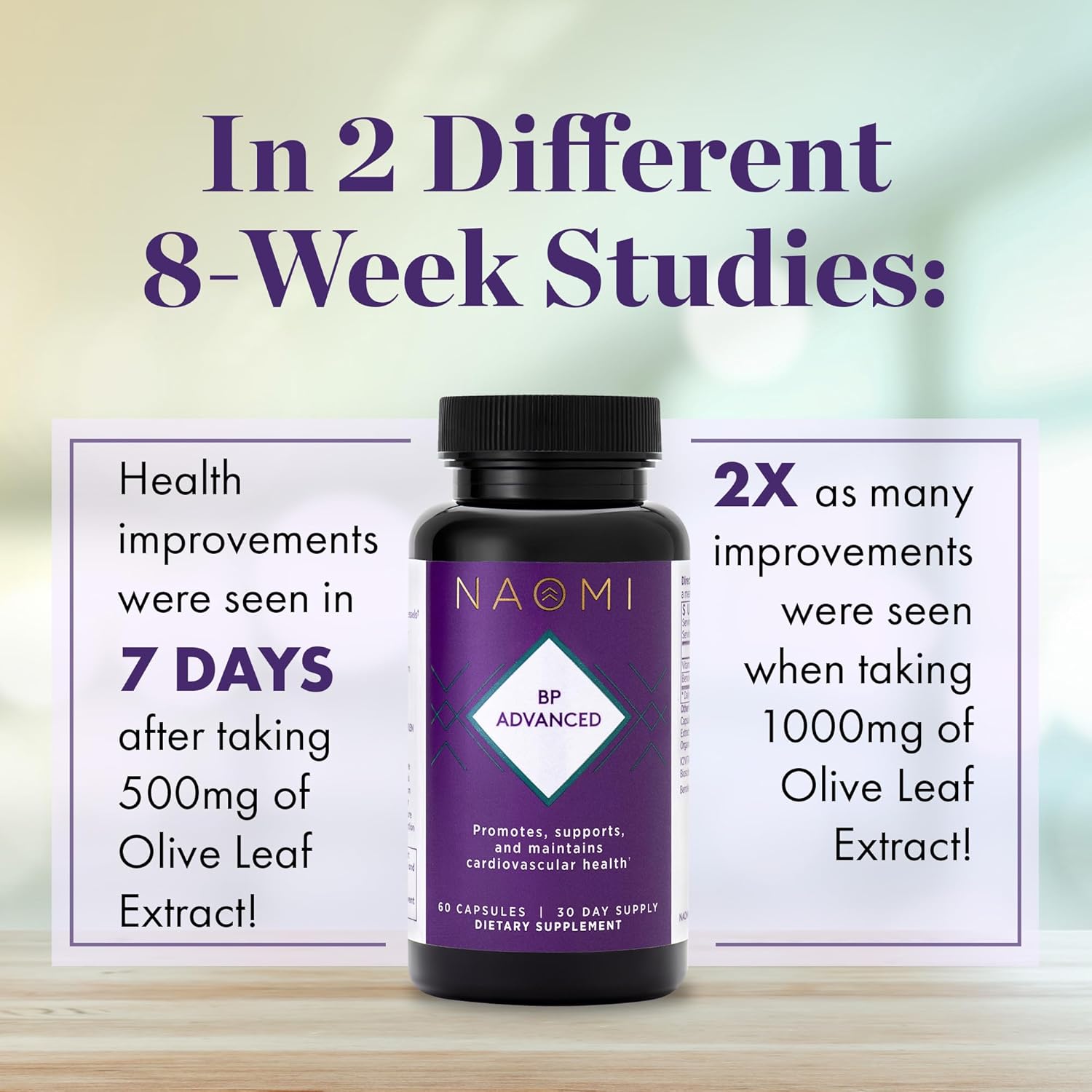 NAOMI BP Advanced Supplement with 1000mg Olive Leaf Extract and 180mcg Vitamin K2 for Cardiovascular Health (60 Count)