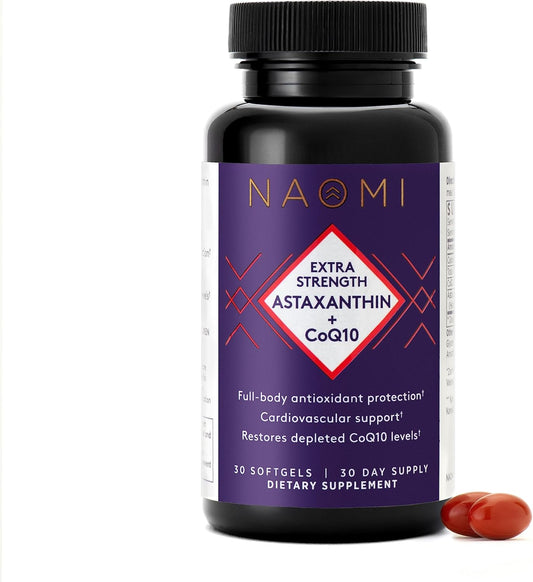 NAOMI Extra Strength Astaxanthin & CoQ10 Capsules for Cardiovascular Support, Energy Boost, Immune & Cognitive Function - High Absorption Formula, 30-Day Supply