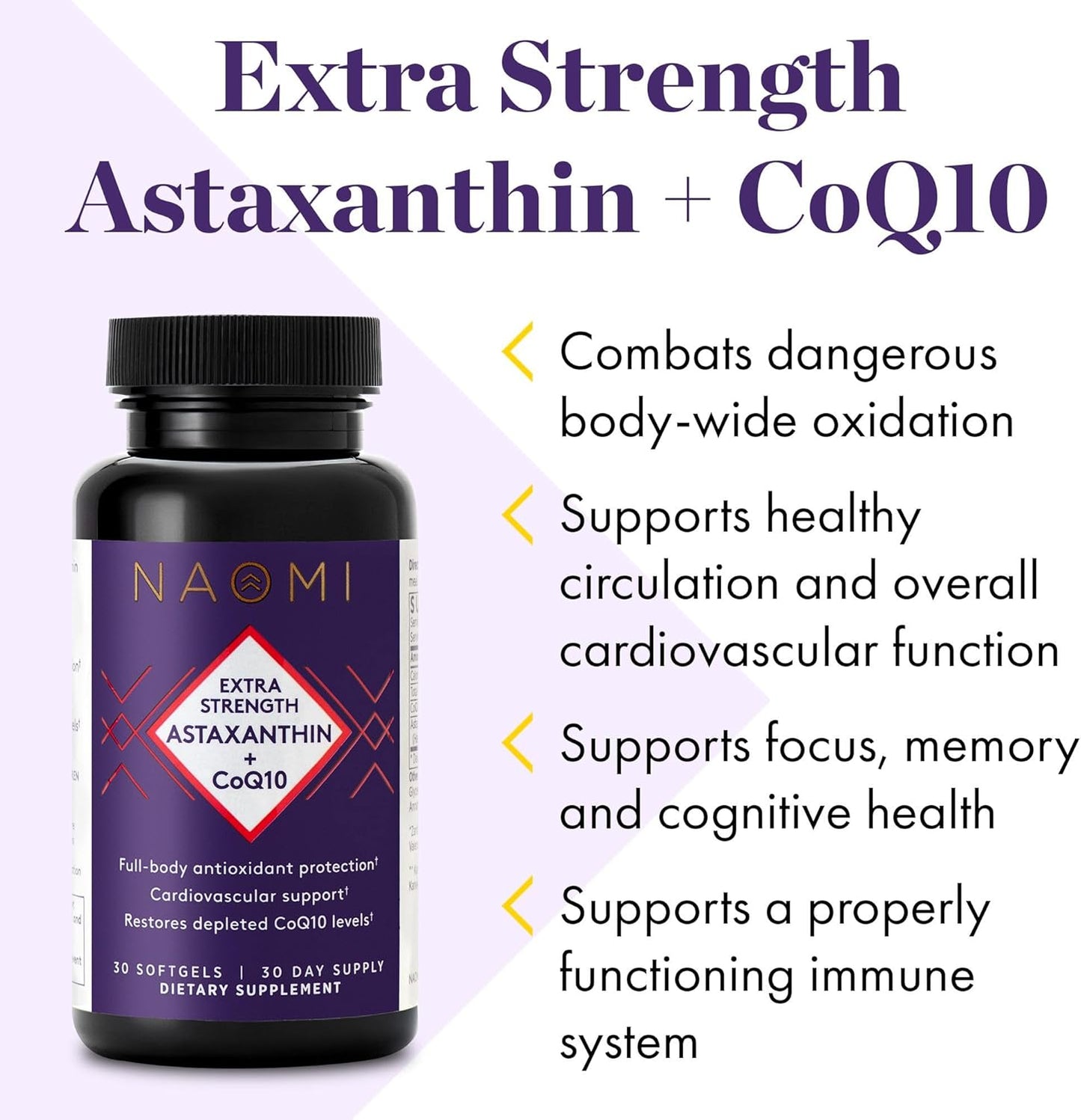 NAOMI Extra Strength Astaxanthin & CoQ10 Capsules for Cardiovascular Support, Energy Boost, Immune & Cognitive Function - High Absorption Formula, 30-Day Supply