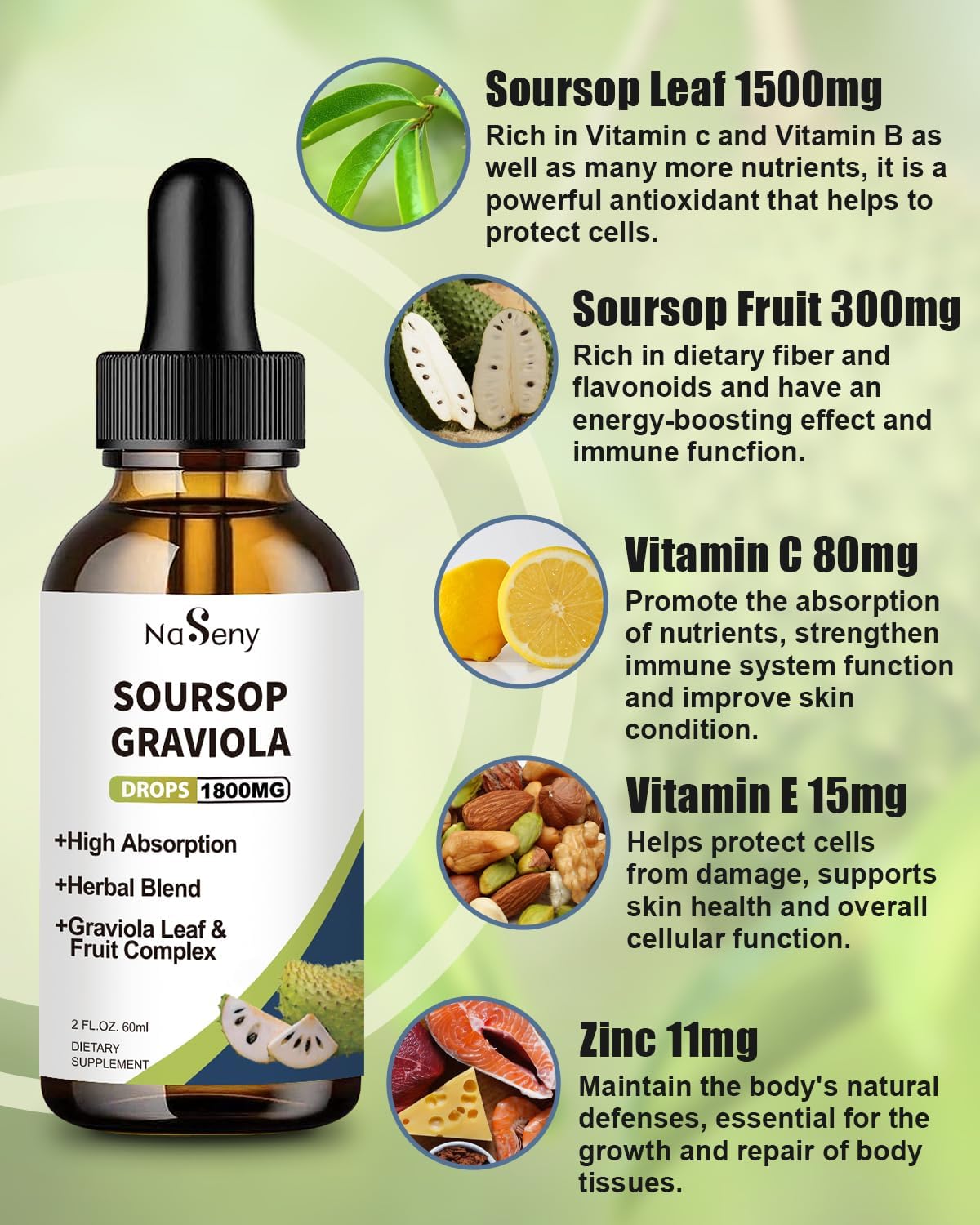 NaSeny Soursop Graviola Liquid Drops - High Absorption Herbal Extract with Vitamin for Immune Support, Relaxation, Liver Health & Antioxidant Boost - 2 FL OZ