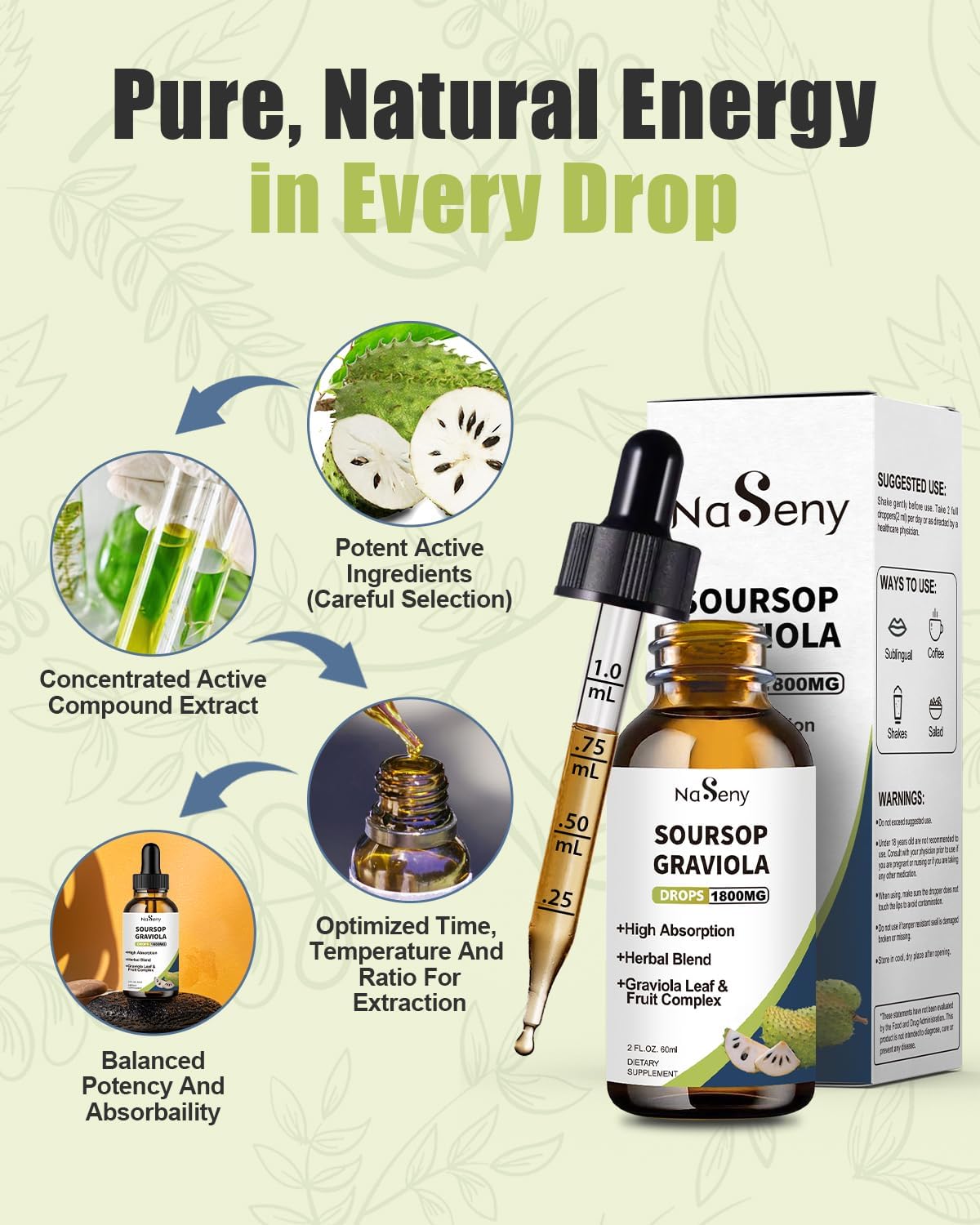 NaSeny Soursop Graviola Liquid Drops - High Absorption Herbal Extract with Vitamin for Immune Support, Relaxation, Liver Health & Antioxidant Boost - 2 FL OZ