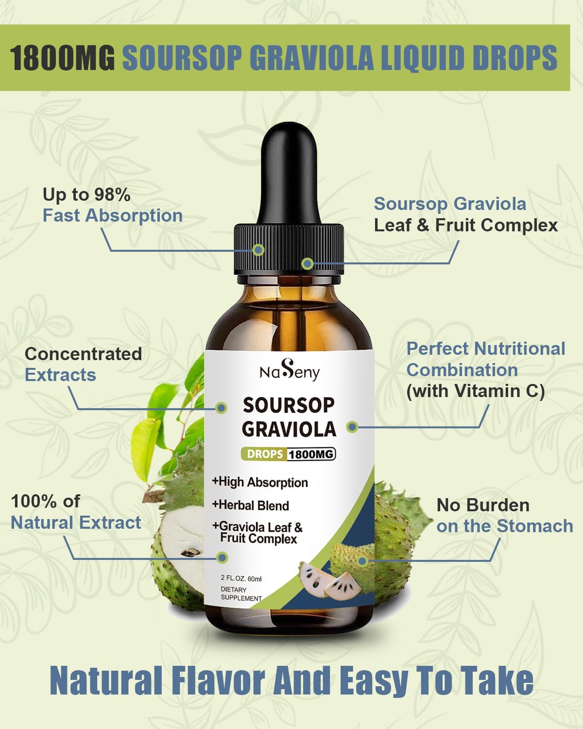 NaSeny Soursop Graviola Liquid Drops - High Absorption Herbal Extract with Vitamin for Immune Support, Relaxation, Liver Health & Antioxidant Boost - 2 FL OZ