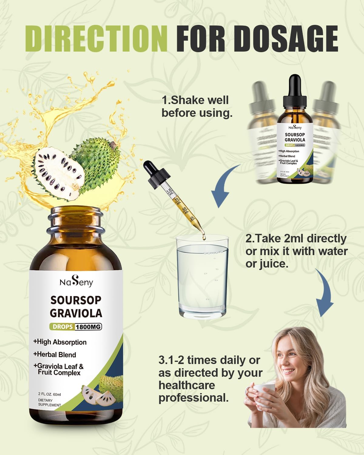 NaSeny Soursop Graviola Liquid Drops - High Absorption Herbal Extract with Vitamin for Immune Support, Relaxation, Liver Health & Antioxidant Boost - 2 FL OZ