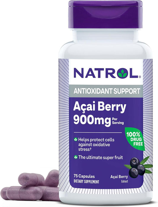 Natrol Acai Berry 900mg Capsules, Antioxidant Dietary Supplement - 75 Capsules, 37 Days
