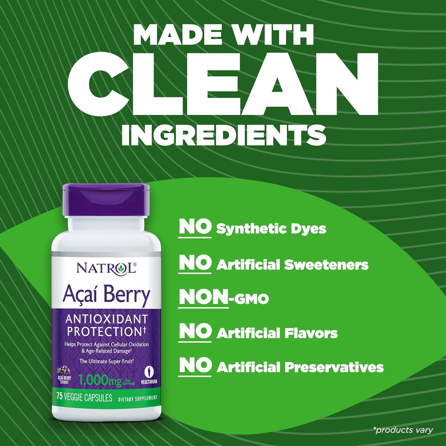 Natrol Acai Berry Dietary Supplement - Antioxidant Protection, Ultimate Super Fruit, 1,000mg Veggie Capsules - 75 Count x 24 Pack
