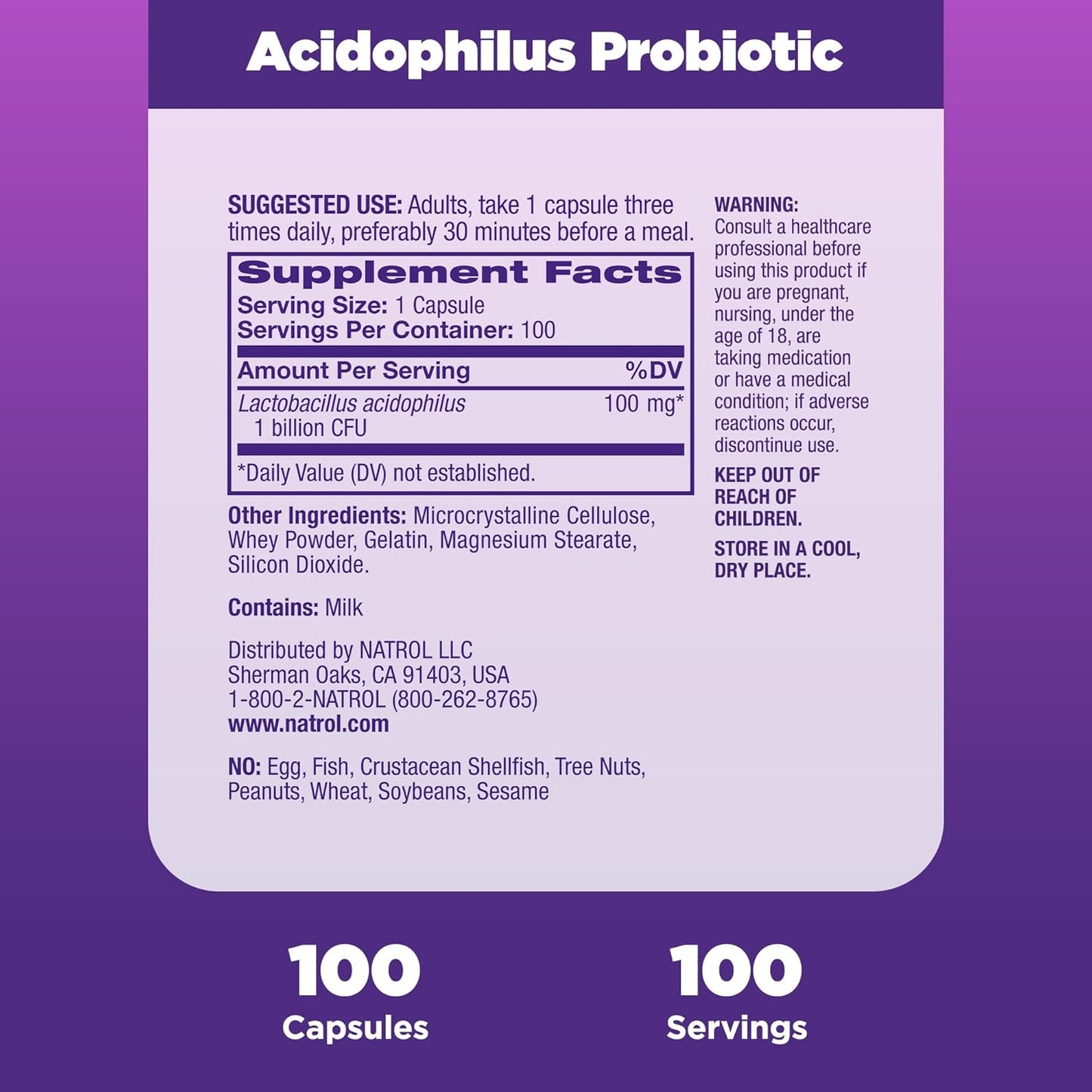 Natrol Acidophilus Probiotic Capsules - 100mg, 200 Count - Pack of 2