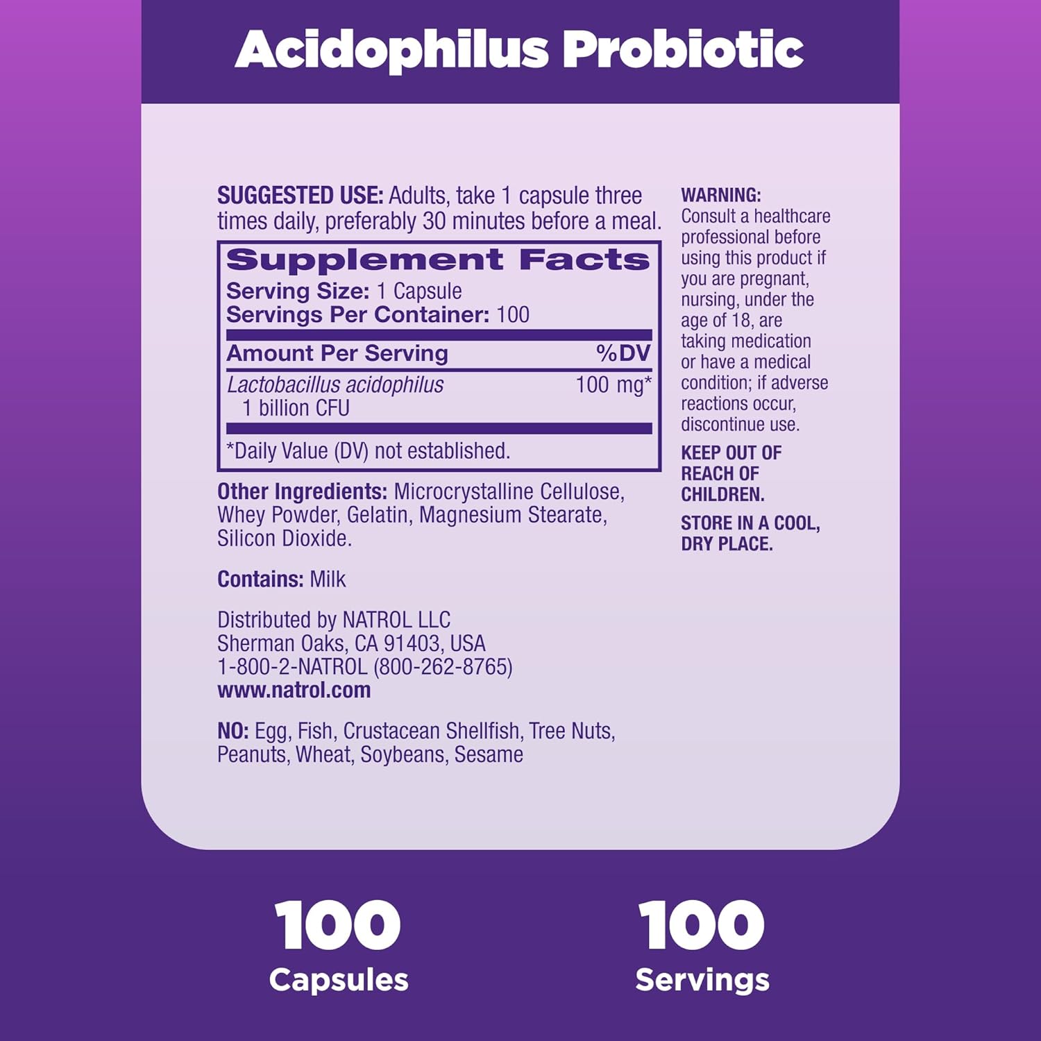 Natrol Acidophilus Probiotic Capsules - 100mg, 200 Count - Pack of 2