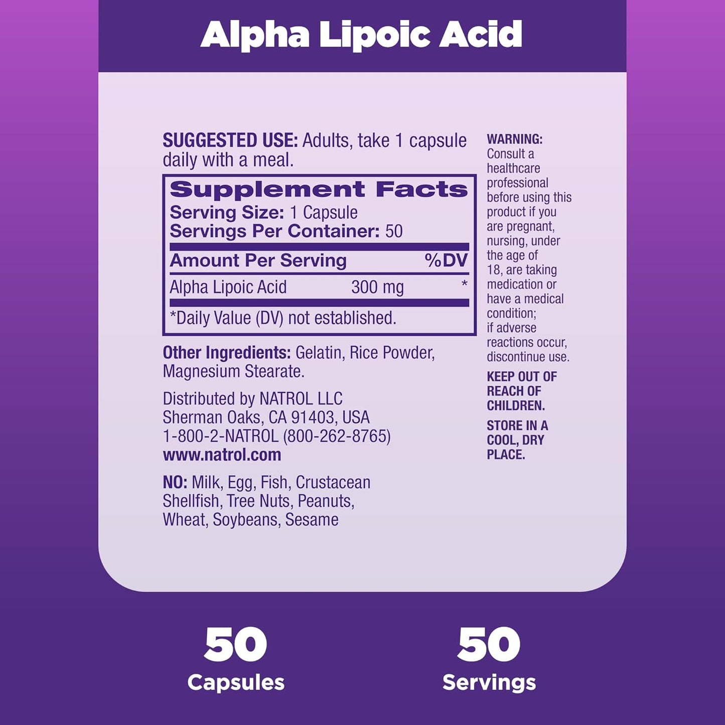 Natrol Alpha Lipoic Acid 300 mg Capsules - Dietary Supplement for General Wellness, 50 Day Supply