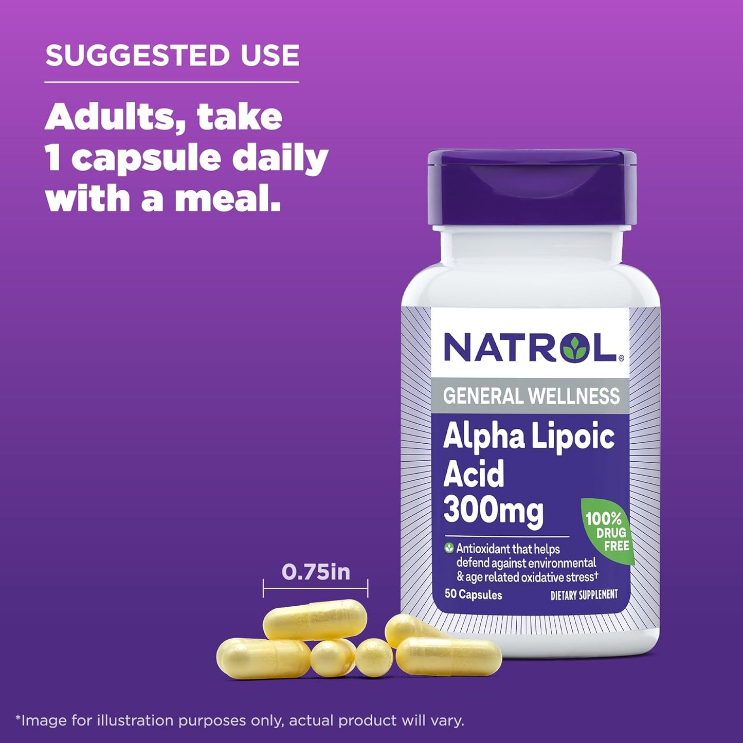 Natrol Alpha Lipoic Acid 300 mg Capsules - Dietary Supplement for General Wellness, 50 Day Supply