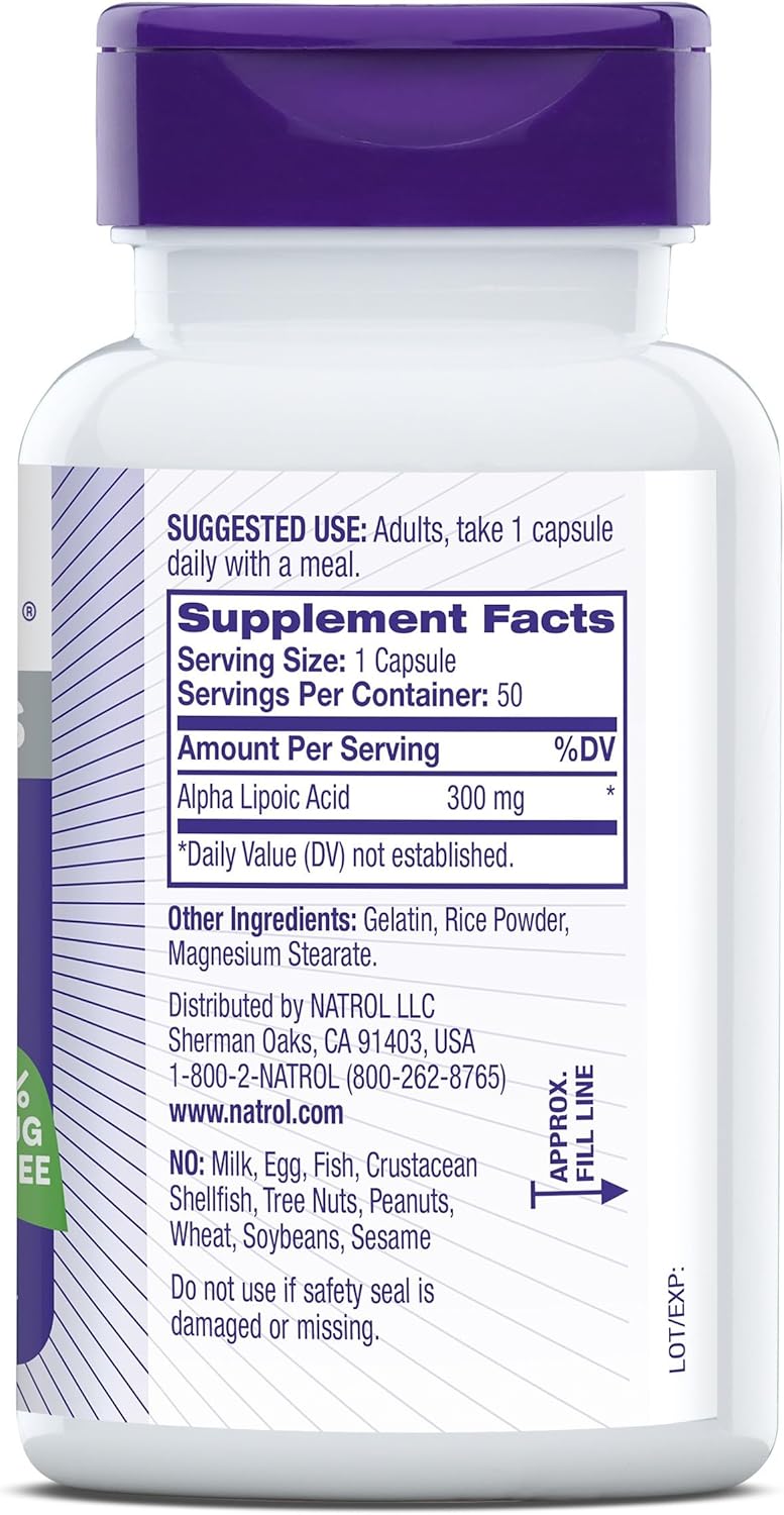 Natrol Alpha Lipoic Acid 300 mg Capsules - Dietary Supplement for General Wellness, 50 Day Supply