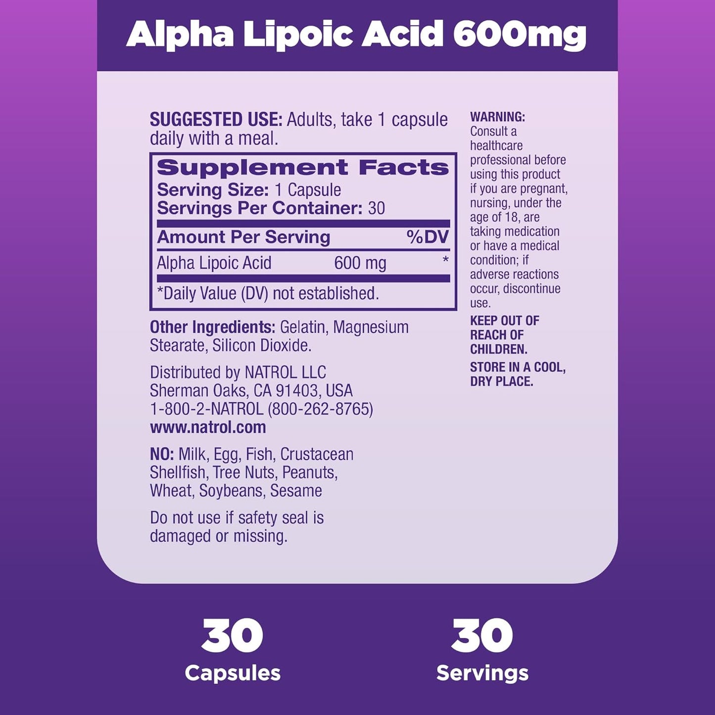 Natrol Alpha Lipoic Acid 600 mg Capsules - Dietary Supplement for General Wellness, 30 Day Supply