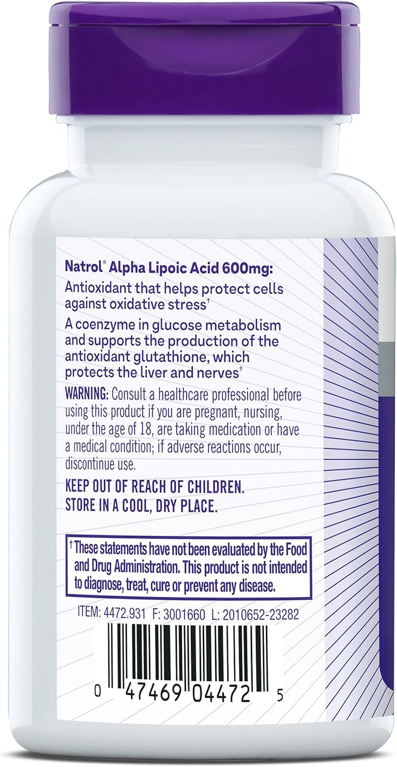 Natrol Alpha Lipoic Acid 600 mg Capsules - Dietary Supplement for General Wellness, 30 Day Supply