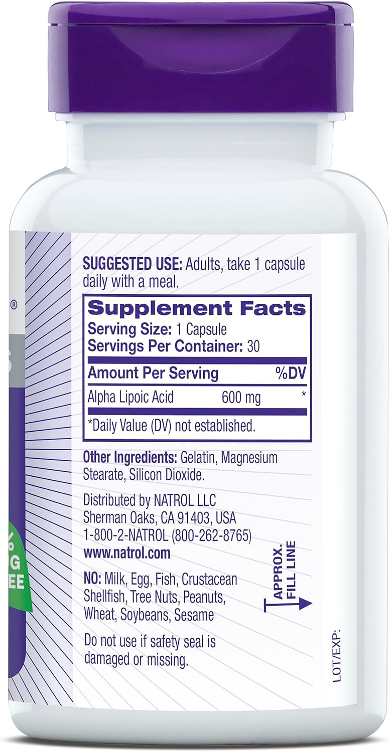 Natrol Alpha Lipoic Acid 600 mg Capsules - Dietary Supplement for General Wellness, 30 Day Supply
