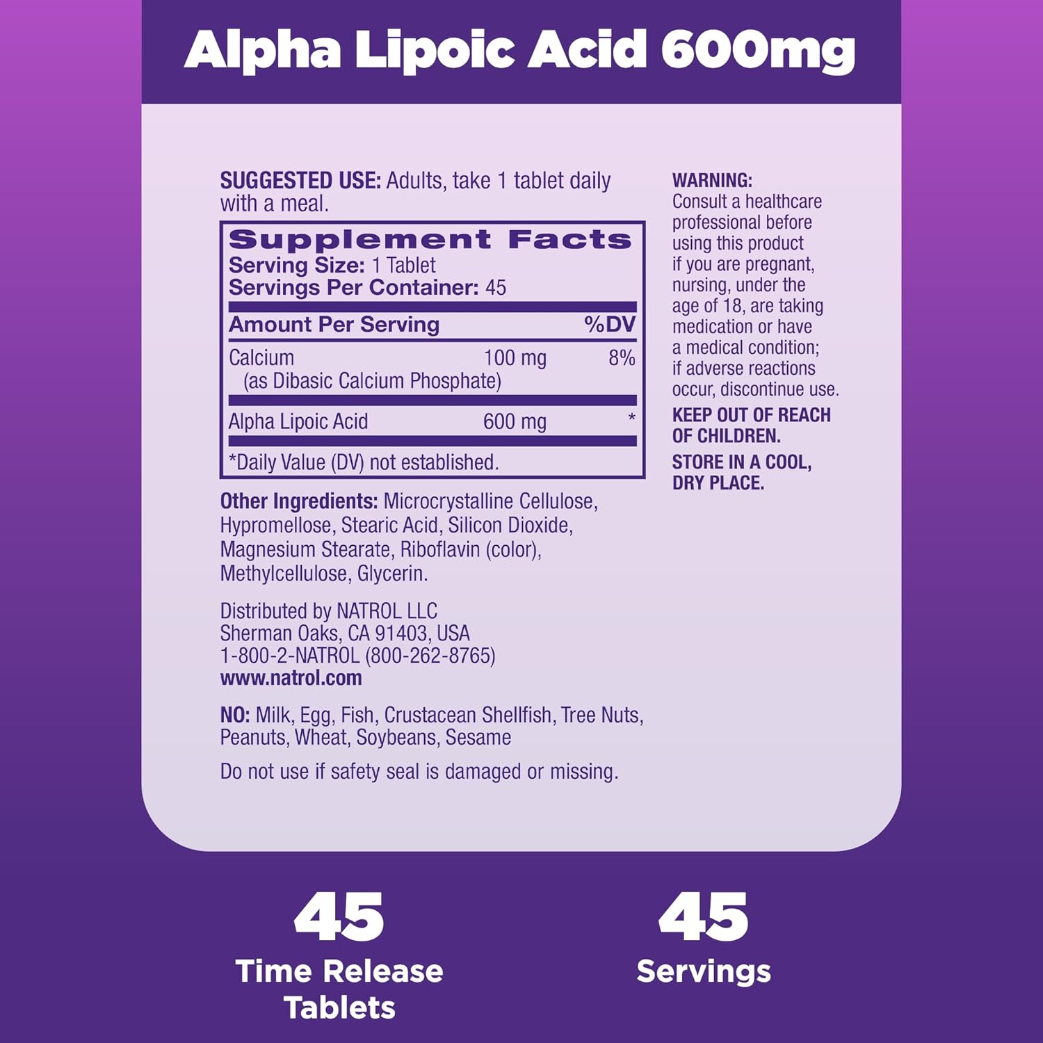 Natrol Alpha Lipoic Acid 600 mg Tablets for General Wellness - 45 Day Supply