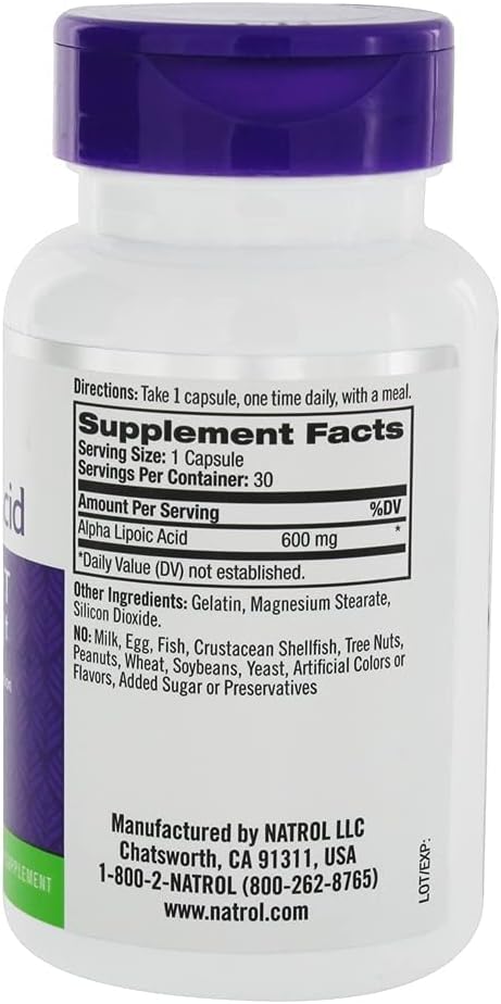 Natrol Alpha Lipoic Acid Capsules - 600 Mg, 30 Count - Antioxidant Supplement for Energy Production & Overall Health