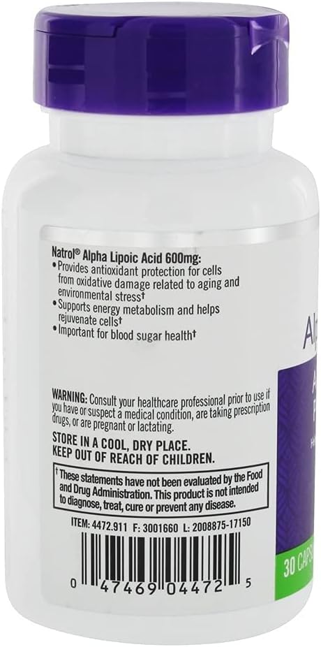 Natrol Alpha Lipoic Acid Capsules - 600 Mg, 30 Count - Antioxidant Supplement for Energy Production & Overall Health