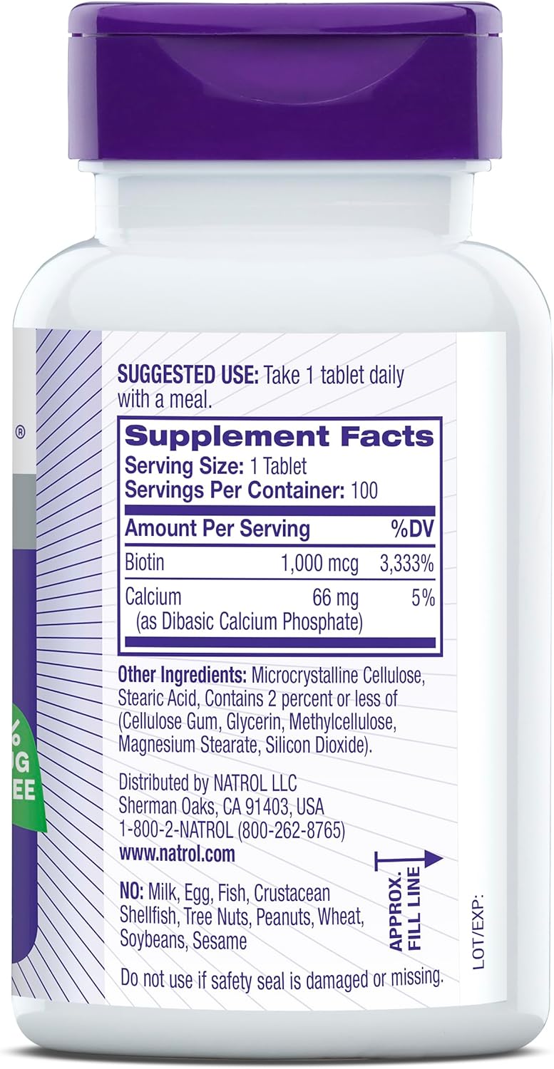 Natrol Beauty Biotin 1000mcg Tablets - 100 Day Supply for Hair, Skin, Nails & Energy - Pack of 12